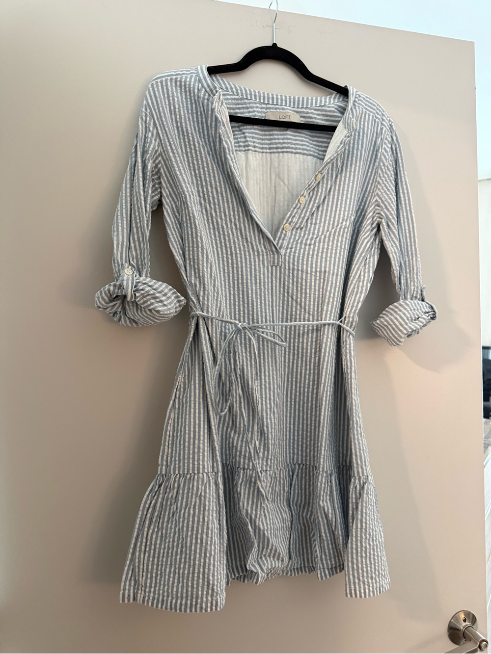 LOFT Light Blue & White Striped Tie-Waist Midi Shirt Dress